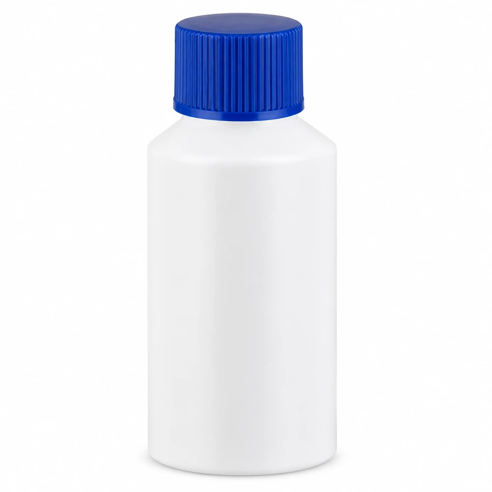 Lékárenská láhev HDPE 50ml bílá, s modrým šroubovacím uzávěrem Lékárenská lahvička z HDPE, 50 ml, bílá, s modrým šroubovacím uzávěrem pro farmaceutické účely