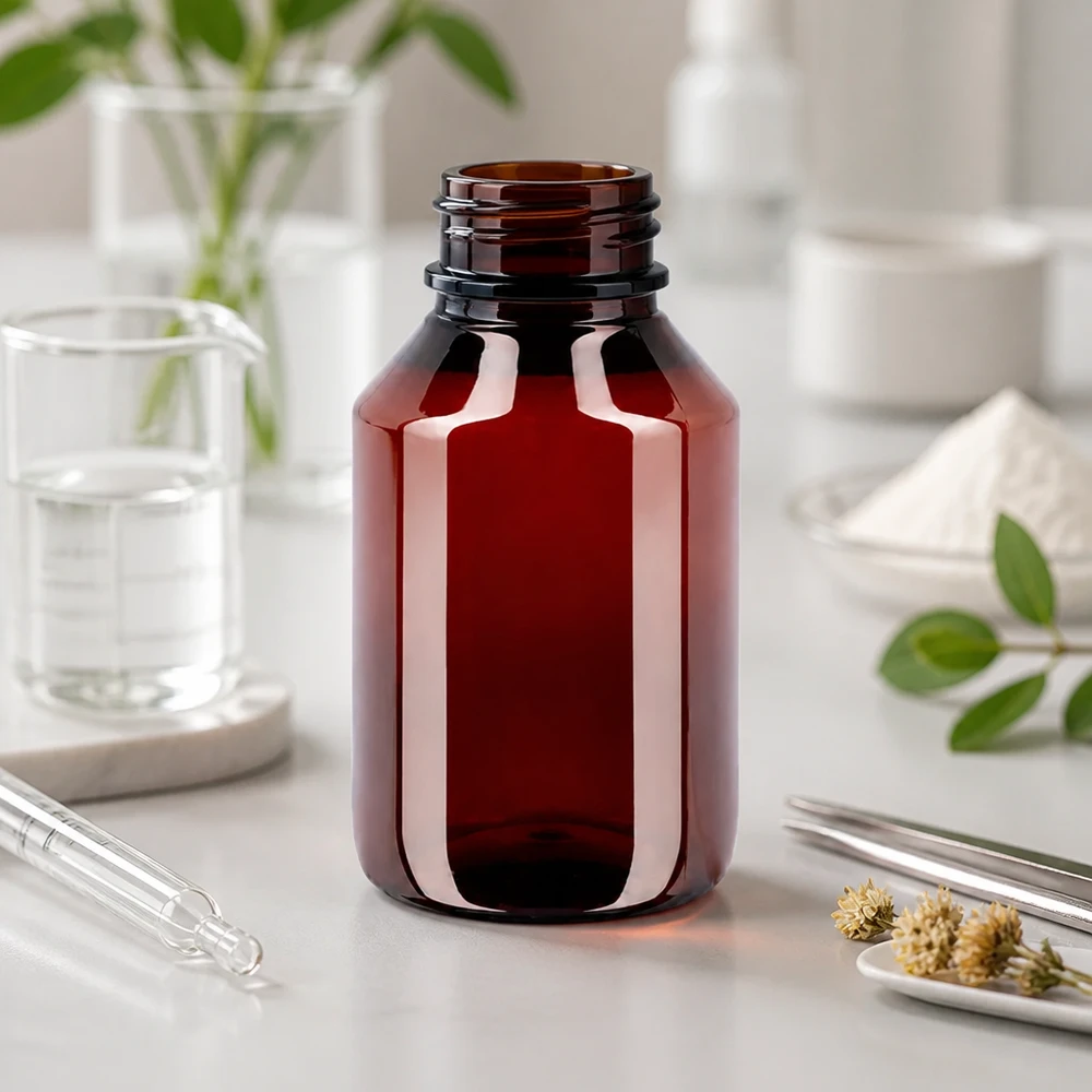 PET láhev s ochranou proti světlu, 50 ml, jantarová, s bílým vnějším obalem pro přírodní kosmetiku