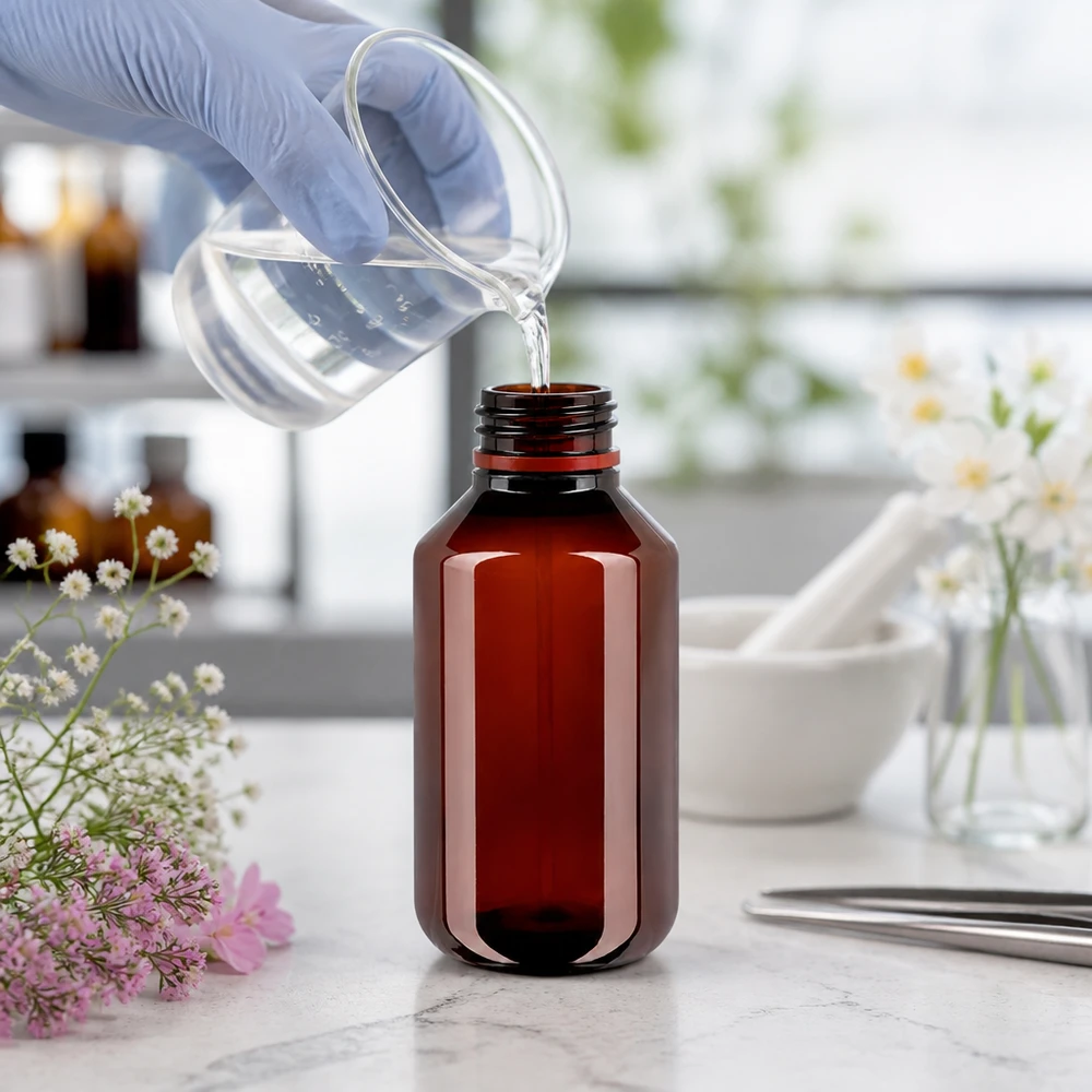 Laborant plní čirou kapalinu do hnědé 100ml PET láhve s červeným bezpečnostním uzávěrem