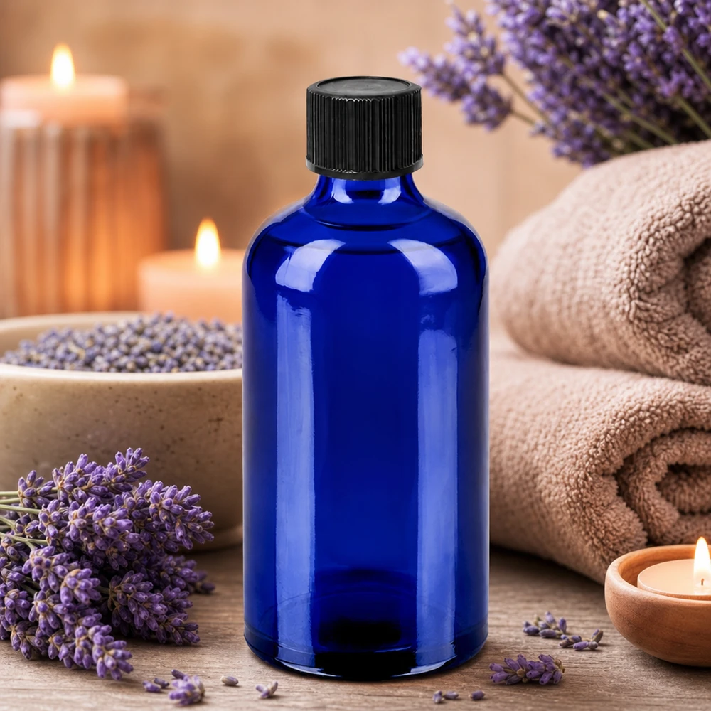 UV-Schutz Glasflasche 100ml in dunkelblau mit schwarzem Tropfverschluss für Naturkosmetik