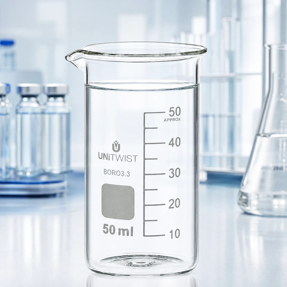 Kádinka 50ml borosilikátová, vysoká forma UNiTWIST UNITWIST 50ml Becherglas hohe Form Borosilikat mit Erlenmeyer und Ampullen im Hintergrund
