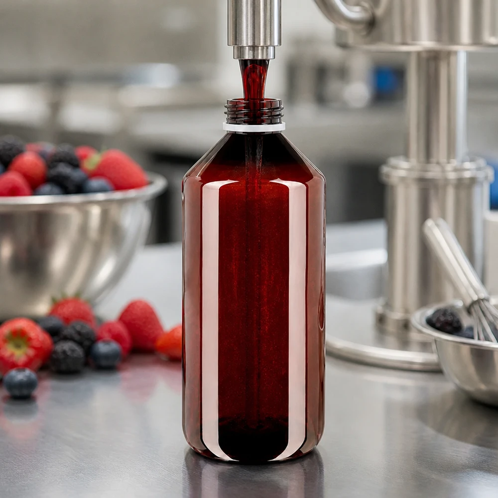 PET láhev 1000ml s bílým rýhovaným uzávěrem s ochranou proti manipulaci. Plnicí linka plní v kuchyni jantarově zbarvené PET láhve o objemu 1000 ml červeným ovocným džusem