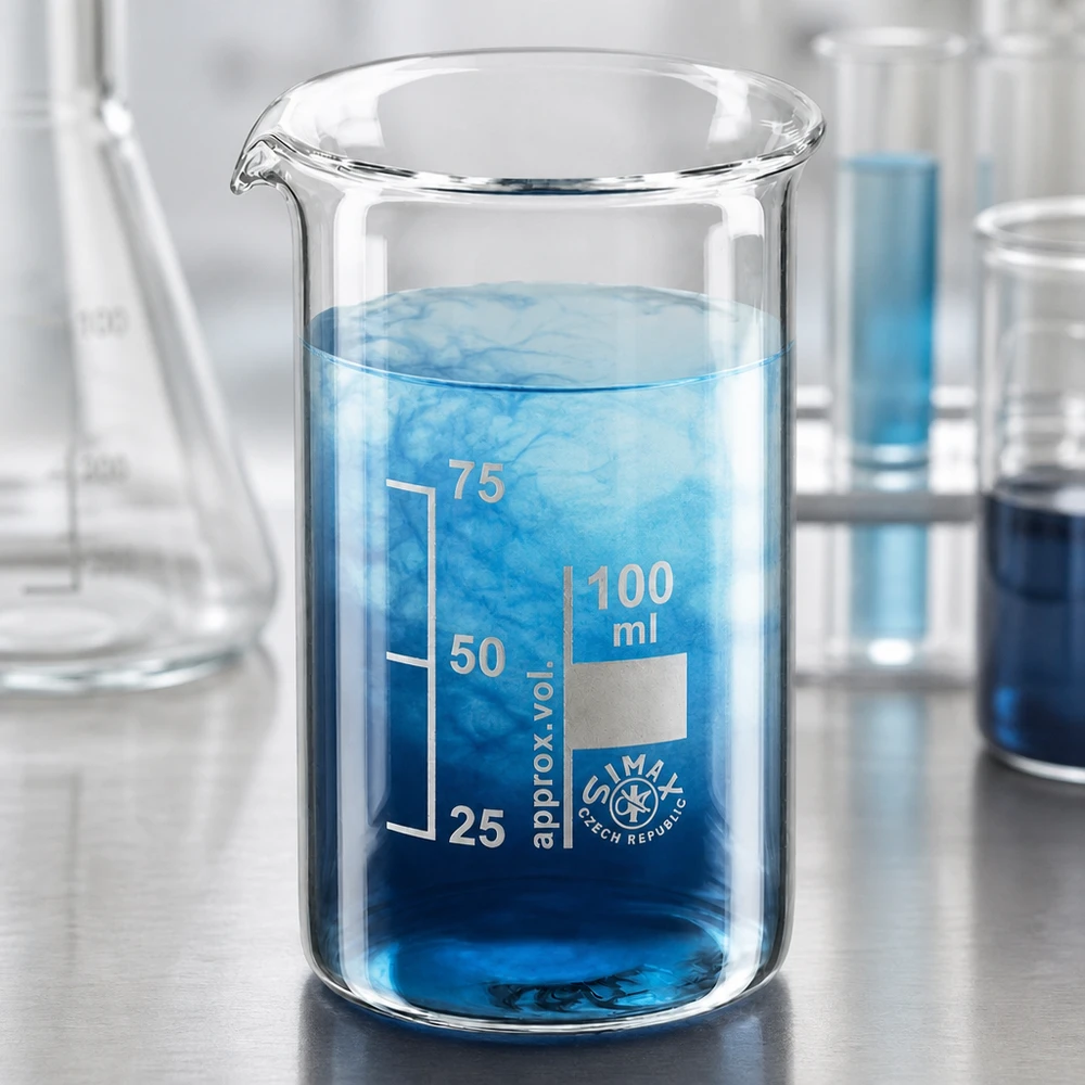 Kádinka z borosilikátového skla o objemu 100 ml, vysoký tvar Simax Becherglas Tschechien 100ml dickwandiges Borosilikatglas mit Ausguss und Skalierung