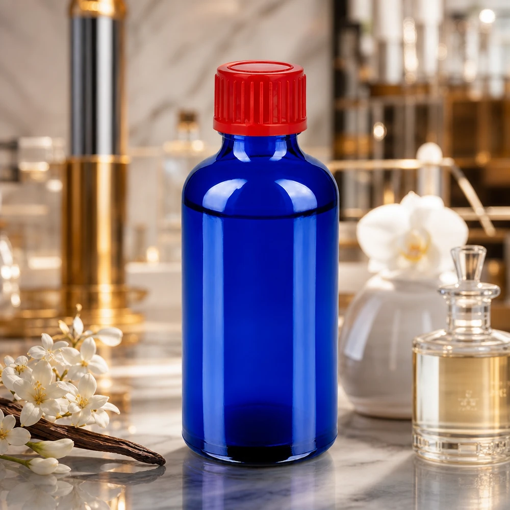 50ml láhev se šroubovacím uzávěrem 11 mm červená Standard BlueLine UT18/50 Pharmaqualität Flasche 50ml STD BlueLine UT18/50 mit tamperproof rotem 11mm Schraubverschluss