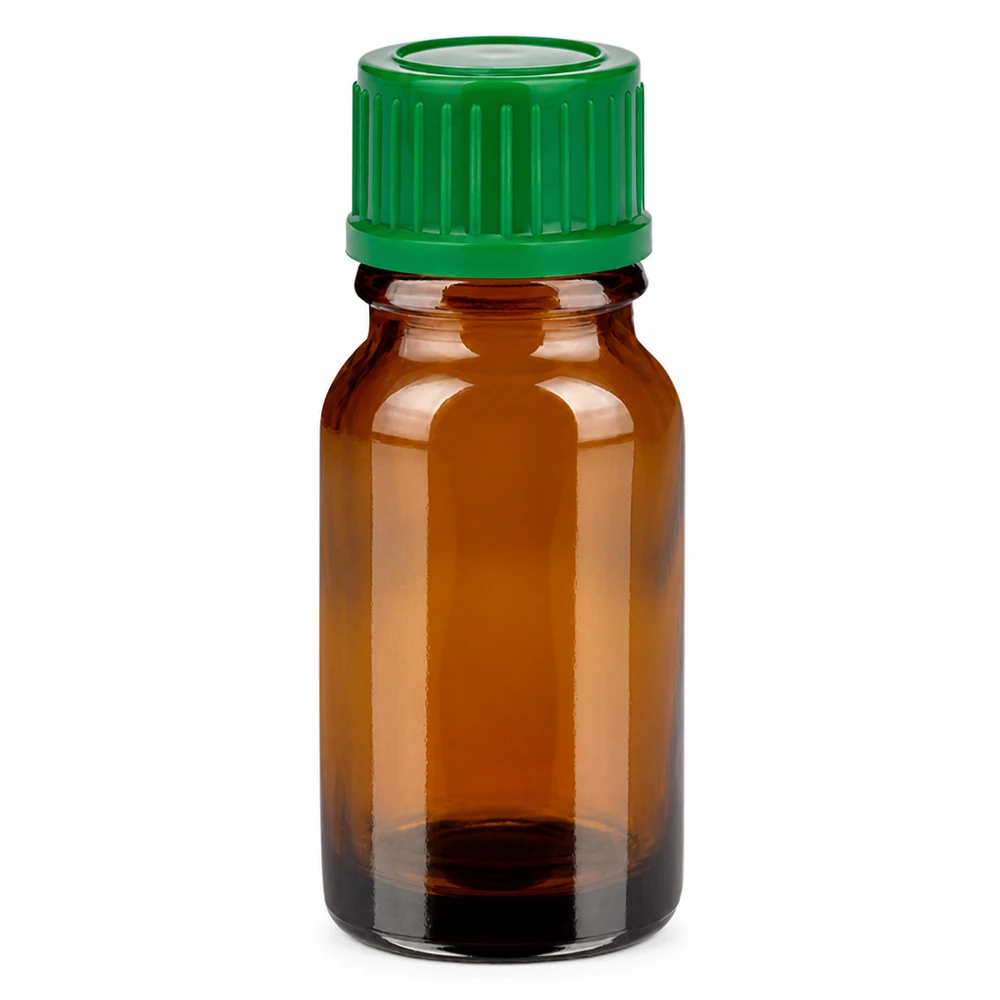 10ml lahvička 11mm šroubovací uzávěr zelená Standard BrownLine UT18/10 Handliche 10ml Glasflasche in Bernsteinfarben mit grünem Schraubdeckel für Essenzen