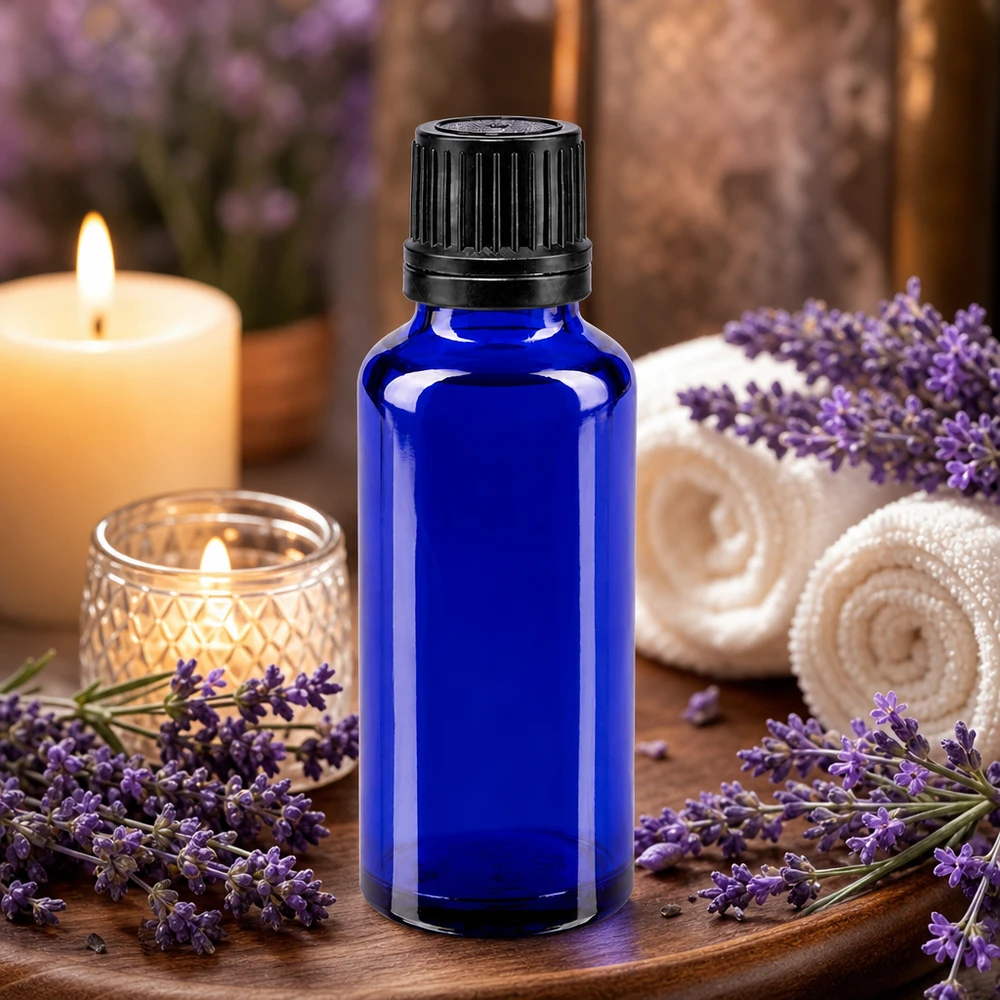 Aromatherapie Aufbewahrungsflasche Blauglas 30ml mit 8mm Hals und Sicherheitsverschluss