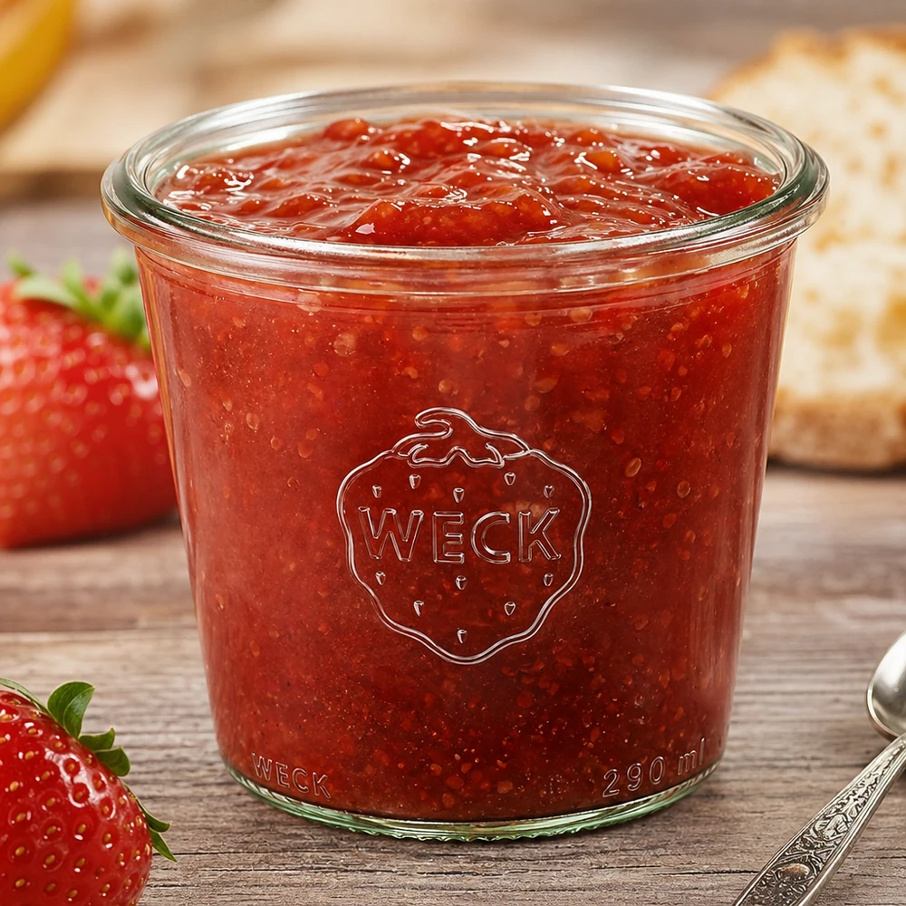 290ml vysoké sklenice WECK RR80 s dřevěným víčkem. WECK RR80 Sturzglas 290ml hoch mit Erdbeermarmelade gefüllt neben frischen Erdbeeren auf Holztisch