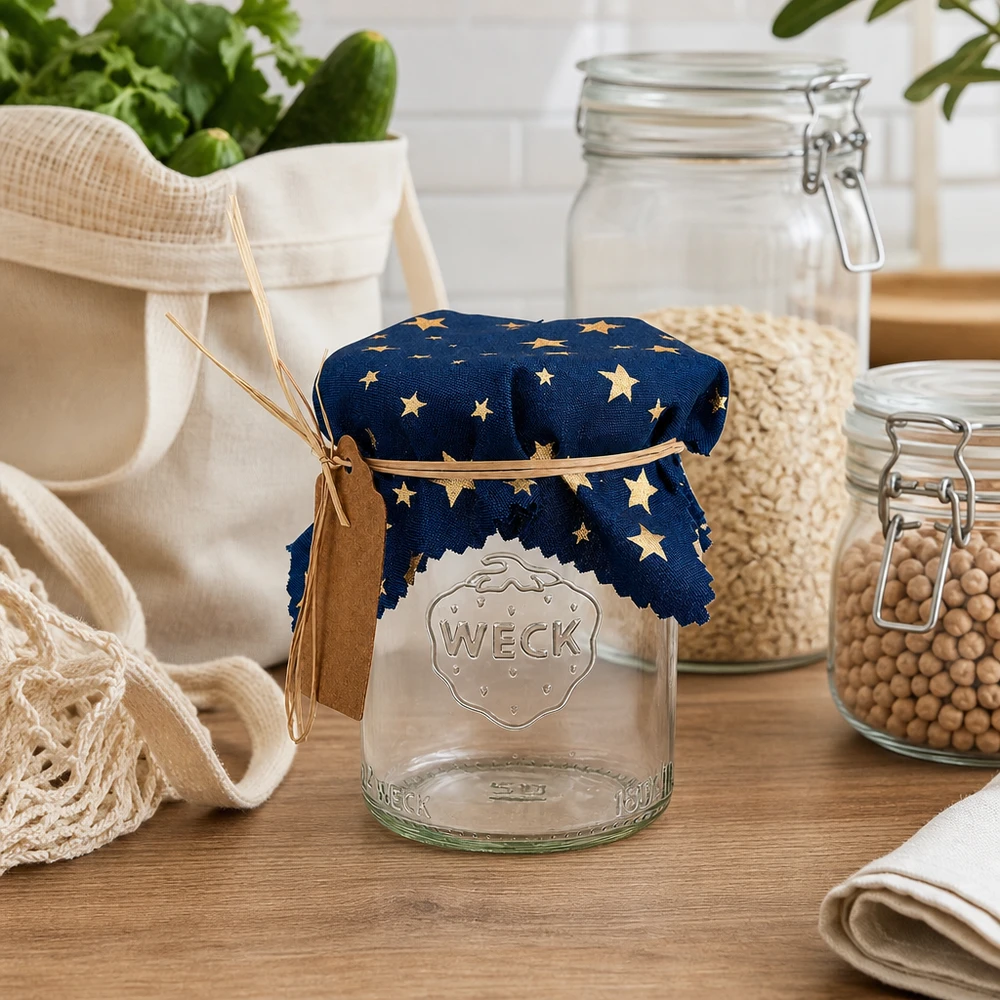 Látkový ubrousek na šperky modrý "hvězdy" 12cm čtvercový Blaues Schmuckdeckchen mit goldenen Sternen auf Weck-Glas in rustikaler Küchenszene mit Vorratsgläsern und Textilien