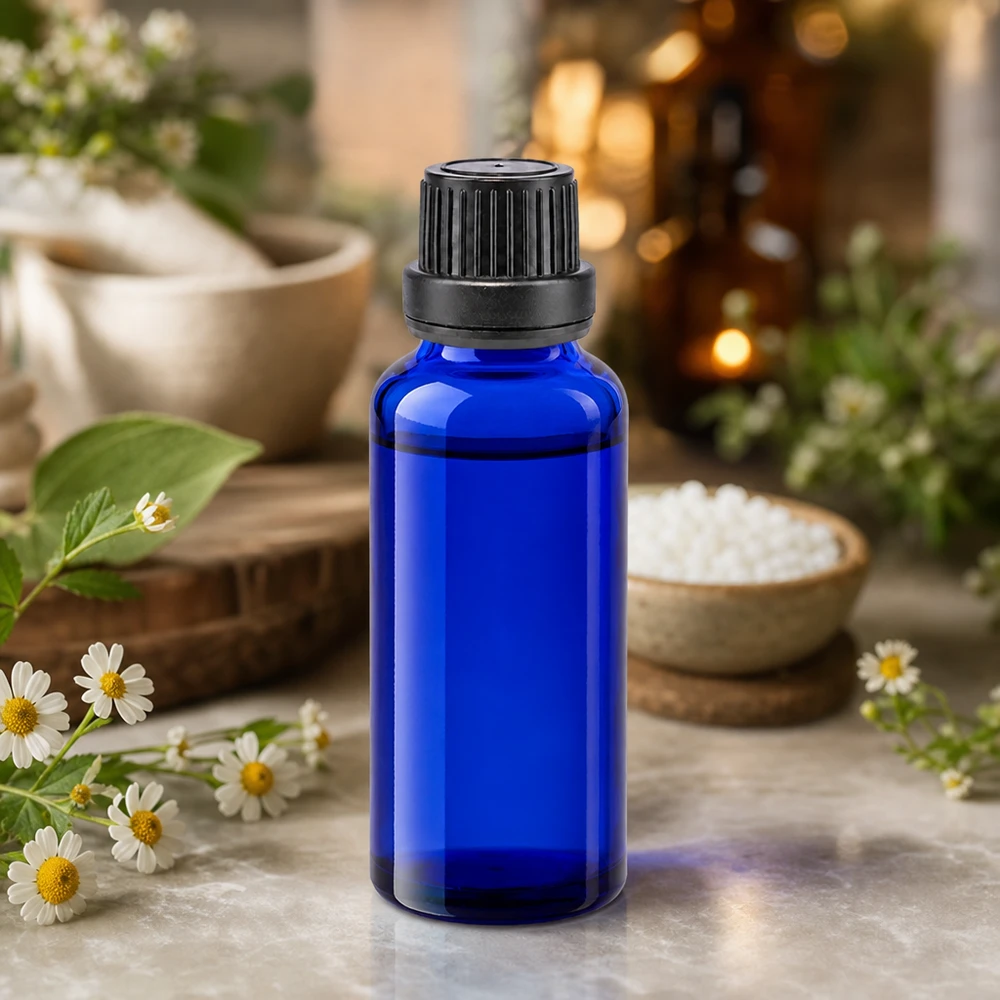 Schlanke kobaltblaue Glasflasche 30ml mit geripptem Schwarzverschluss für homöopathische Tinkturen