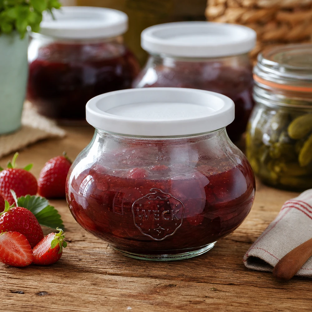 560ml dekorativní sklenice s víčkem pro zachování čerstvosti WECK RR80. WECK Einmachglas 560ml RR80 gefüllt mit Erdbeermarmelade neben frischen Erdbeeren auf Holztisch in Küche
