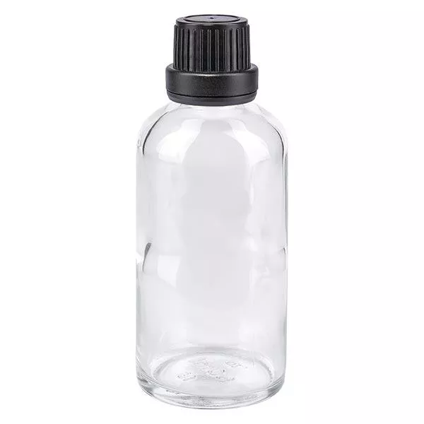 Lékárenská láhev čirá 50 ml šroubovací uzávěr černý s ochranným uzávěrem proti neoprávněné manipulaci.