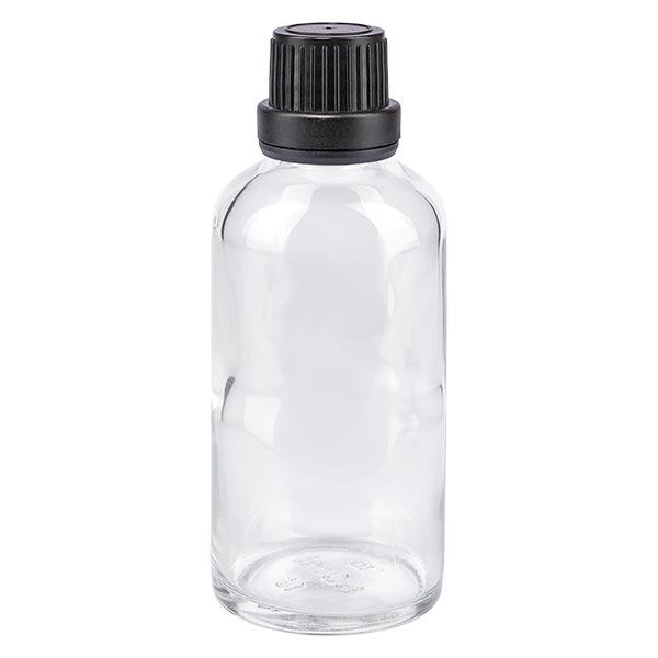 Lékárenská láhev čirá 50 ml šroubovací uzávěr černý s ochranným uzávěrem proti neoprávněné manipulaci. Lékárenská láhev čirá 50 ml šroubovací uzávěr černý s ochranným uzávěrem proti neoprávněné manipulaci.