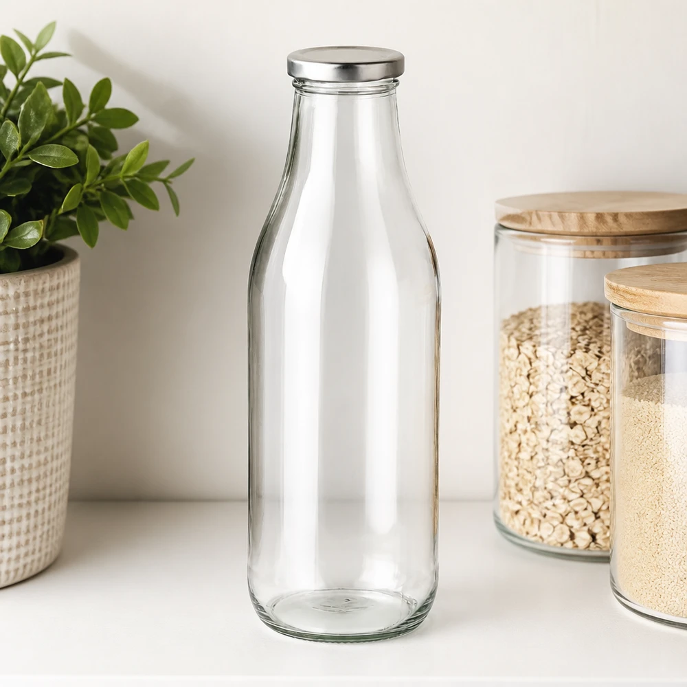 1000ml Glasflasche mit BasicSeal Deckel silber neben Vorratsgläsern mit Getreide und Pflanze moderne Küchenorganisation