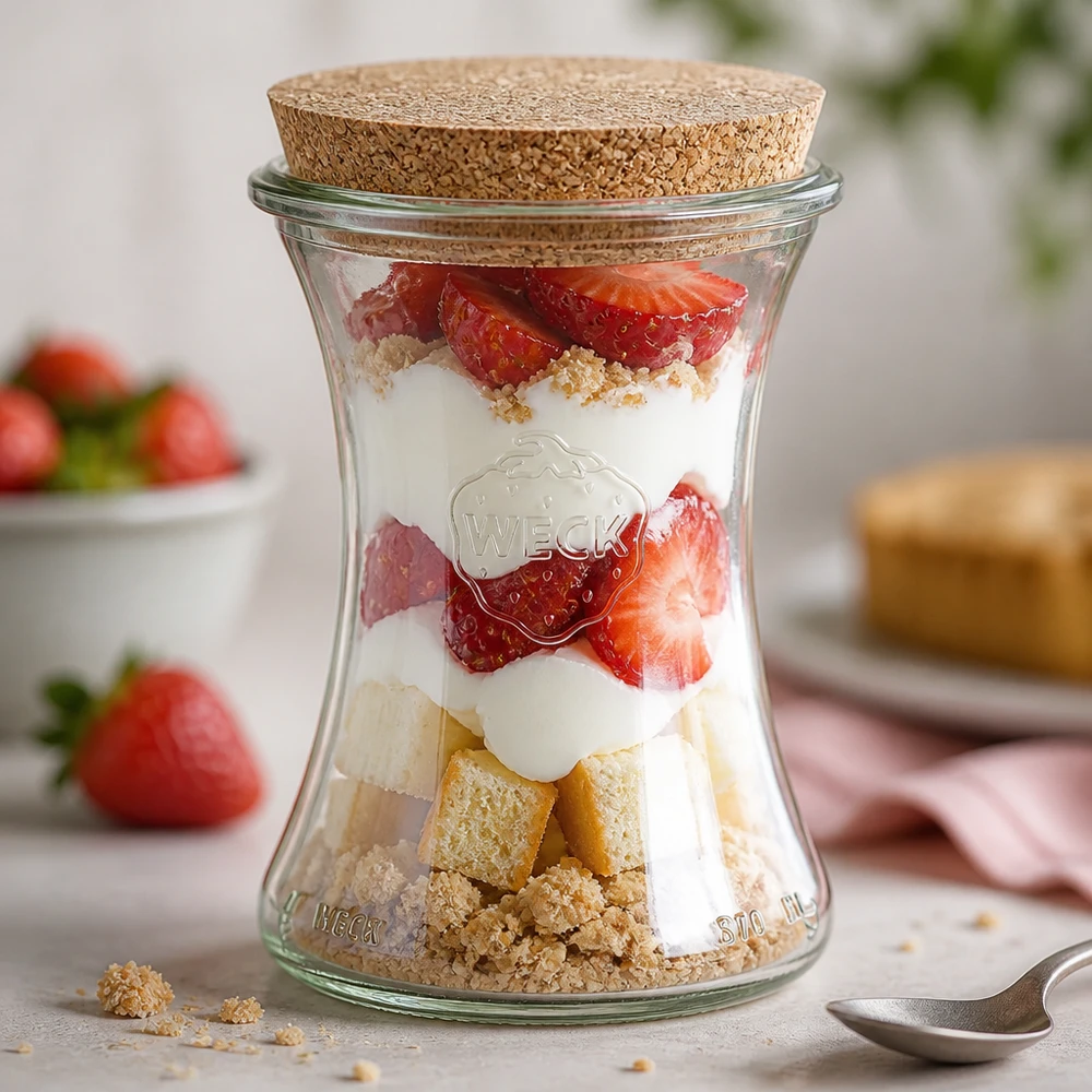 370ml lahůdková dóza WECK RR80 s korkovou zátkou přírodní WECK Glas 370ml RR80 als Dessertbecher mit Schichtdessert aus Erdbeeren Joghurt und Kekskrümeln befüllt