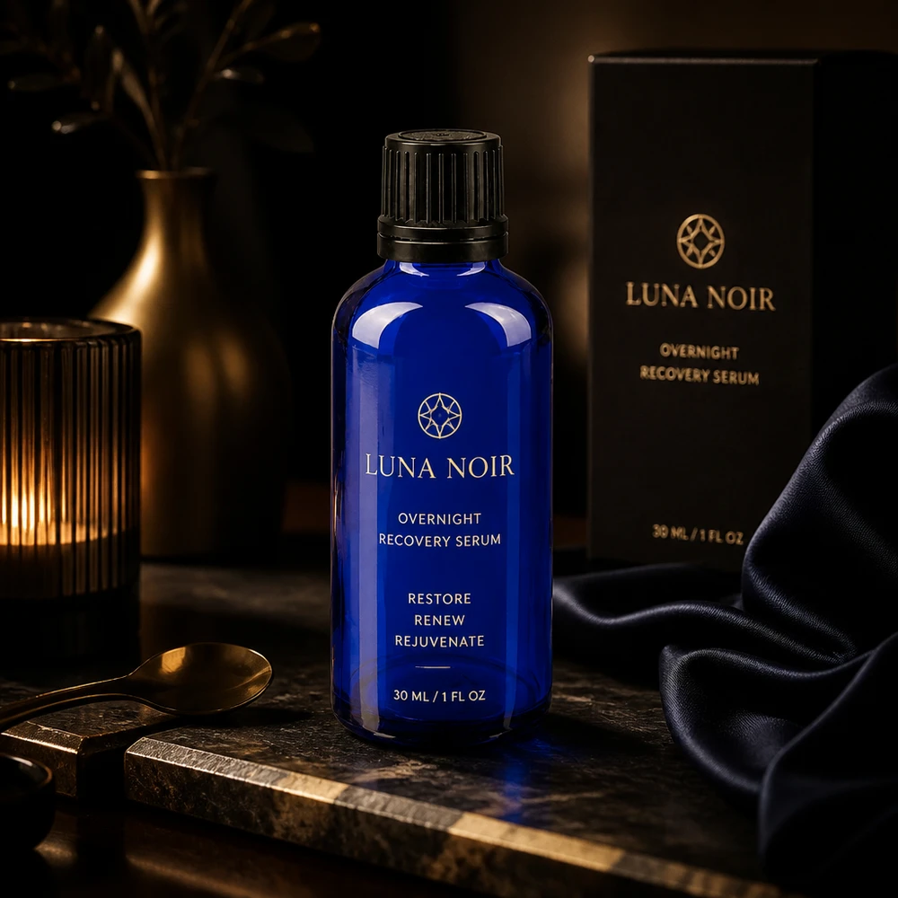 Lékárenská láhev modrá 50ml šroubovací uzávěr černý nalévací kroužek tamper evident uzávěr. 50ml blaue GR OV Flasche ApoGlas in Premium-Produktinszenierung mit Kerzenlicht und Seidenstoff