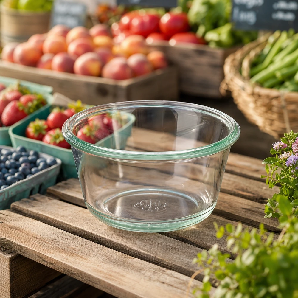 290ml sklenice na šťávu WECK RR100 pro labužníky. WECK RR100 290ml Gourmetglas leer auf Holztisch mit frischem Obst und Gemüse im Hintergrund für Einmachen