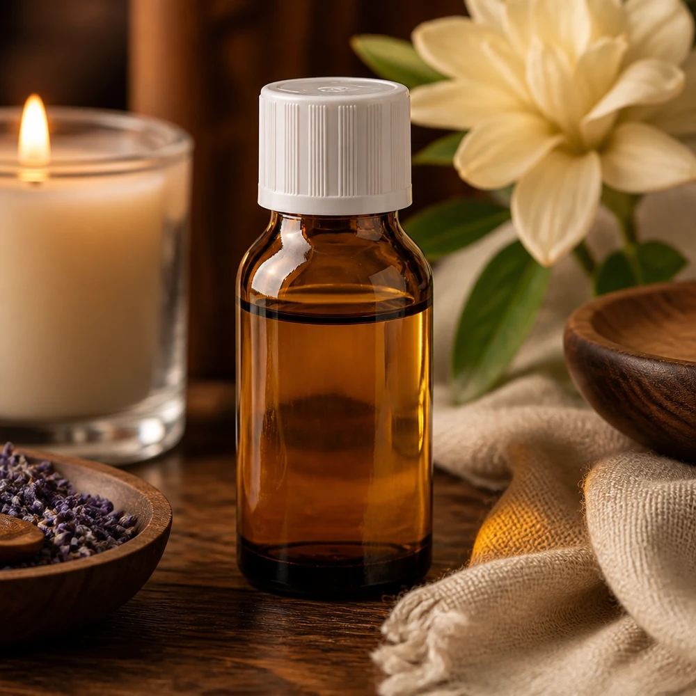 Kompakte 30ml ApoGlas Flasche mit KiSi-Tropfverschluss weiß zwischen Jasminblüte und Kerze