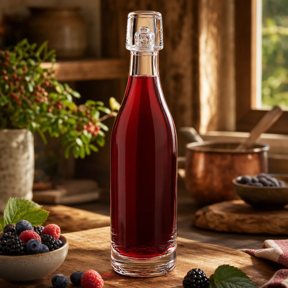 Skleněná lahvička 50 ml bez otočného uzávěru UNiTWIST 50ml Glasflasche UNiTWIST mit rotem Beerensaft gefüllt neben frischen Beeren auf rustikalem Holztisch Küche