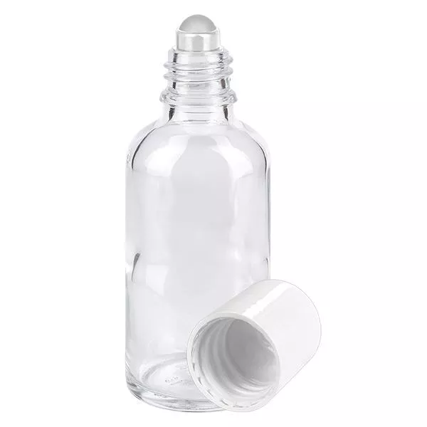 Lékárenská lahvička čirá 50ml roll-on bílá s uzávěrem Lékárenská lahvička čirá 50ml roll-on bílá s uzávěrem