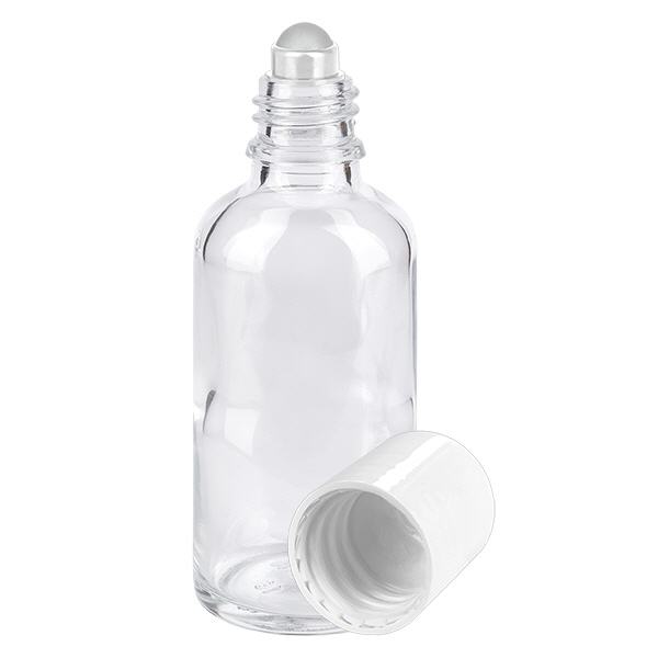 Lékárenská lahvička čirá 50ml roll-on bílá s uzávěrem Lékárenská lahvička čirá 50ml roll-on bílá s uzávěrem