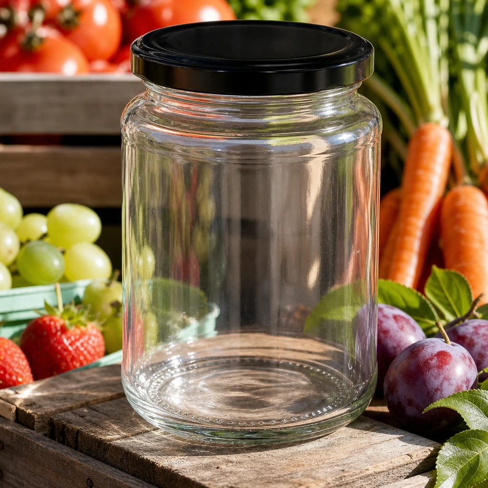 382ml Rundglas BasicSeal schwarz umgeben von frischem Obst Gemüse Erdbeeren Weintrauben Karotten Pflaumen Outdoor