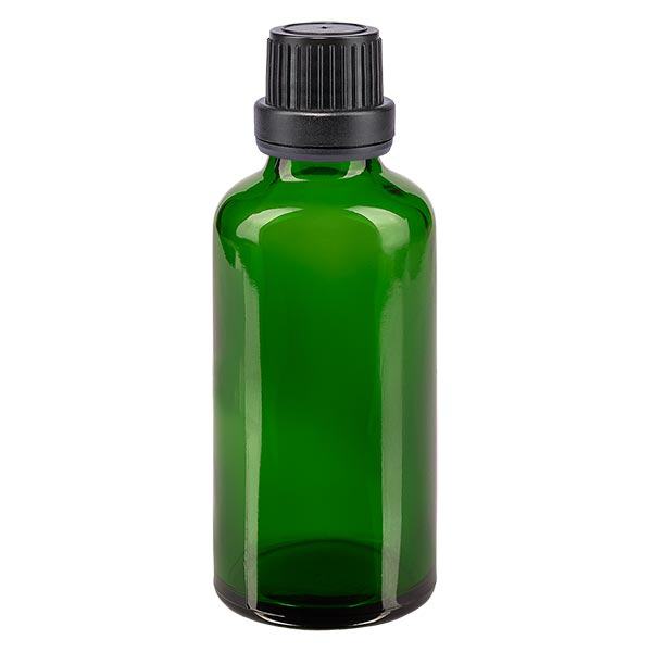 Lékárenská lahvička zelená 50ml kapátko nalévací kroužek 2mm černý uzávěr proti neoprávněné manipulaci Lékárenská lahvička zelená 50ml kapátko nalévací kroužek 2mm černý uzávěr proti neoprávněné manipulaci