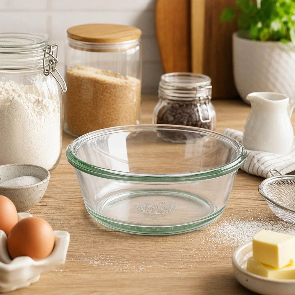 Gurmánská sklenice 300 ml WECK RR120 WECK RR120 Gourmetglas 300ml als Backschale in Küche mit Mehl Eiern Butter zeigt Verwendung beim Backen