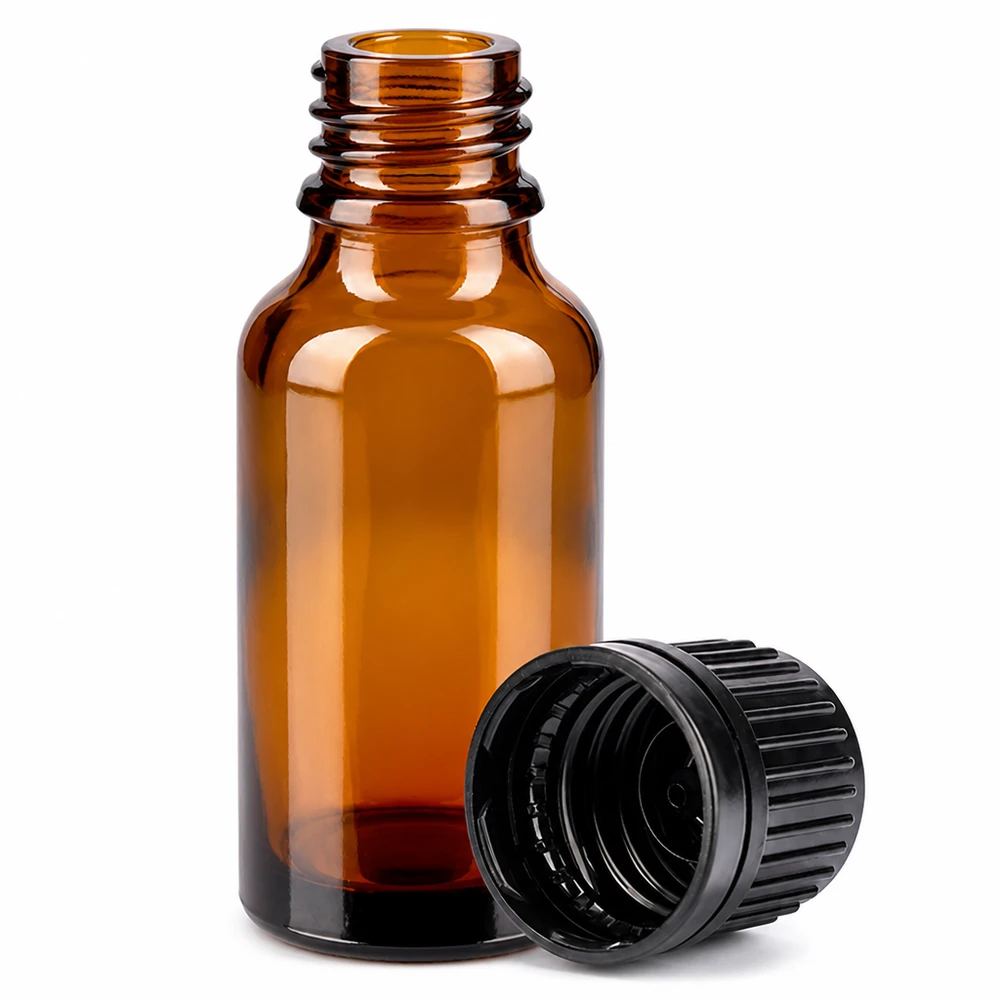 Handliche 20ml Glasflasche in Braun mit schwarzem Deckel für Aromatherapie und Naturheilkunde