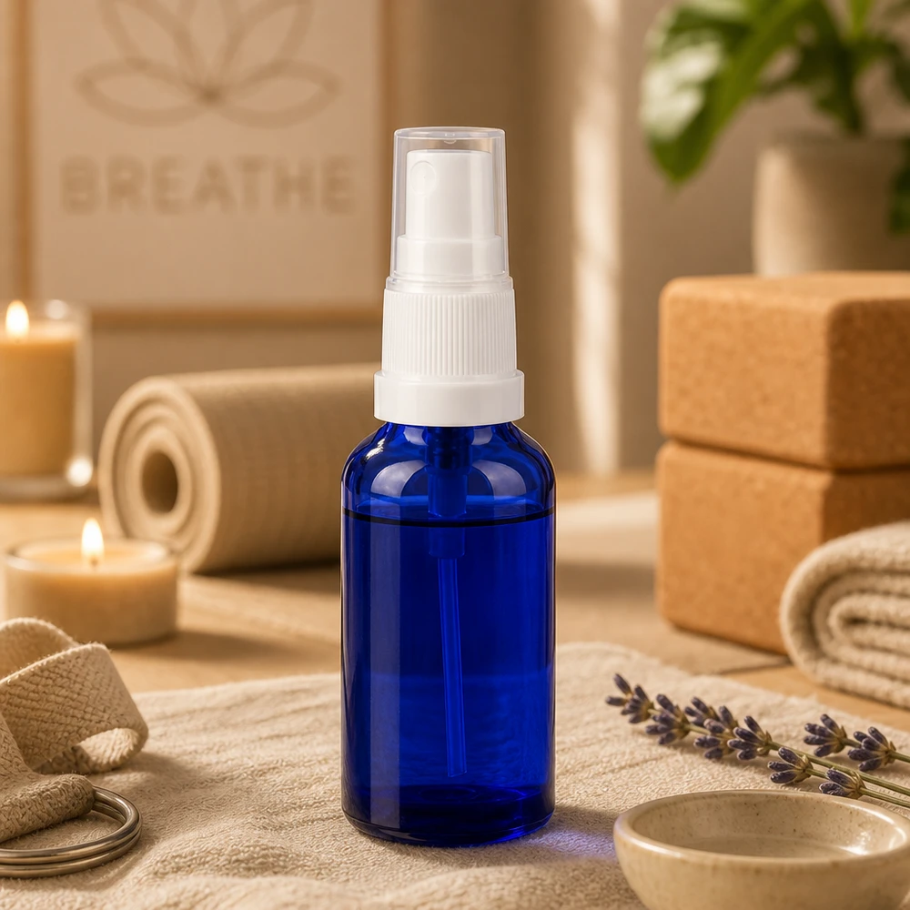30ml lahvička s rozprašovačem bílá/transparentní standardní uzávěr BlueLine UT18/30 30ml BlueLine Sprayflasche mit UV Schutz durch blaues Glas für lichtempfindliche Substanzen