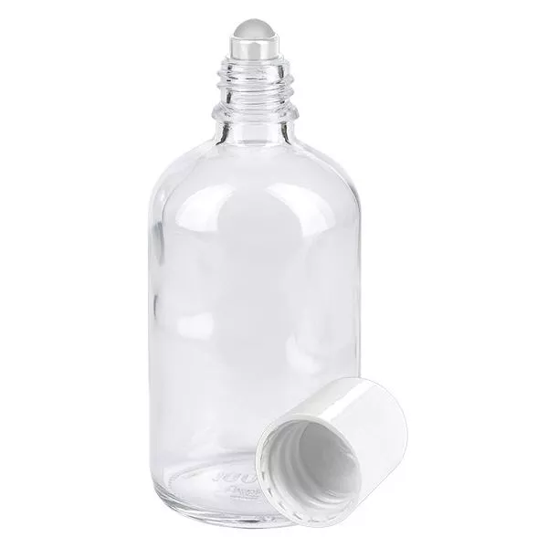 Lékárenská láhev čirá 100ml roll-on s uzávěrem bílá Lékárenská láhev čirá 100ml roll-on s uzávěrem bílá