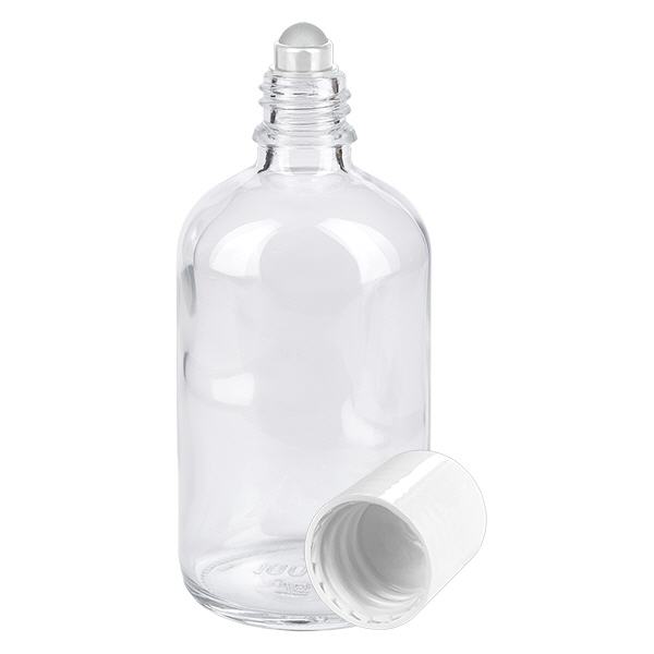Lékárenská láhev čirá 100ml roll-on s uzávěrem bílá Lékárenská láhev čirá 100ml roll-on s uzávěrem bílá