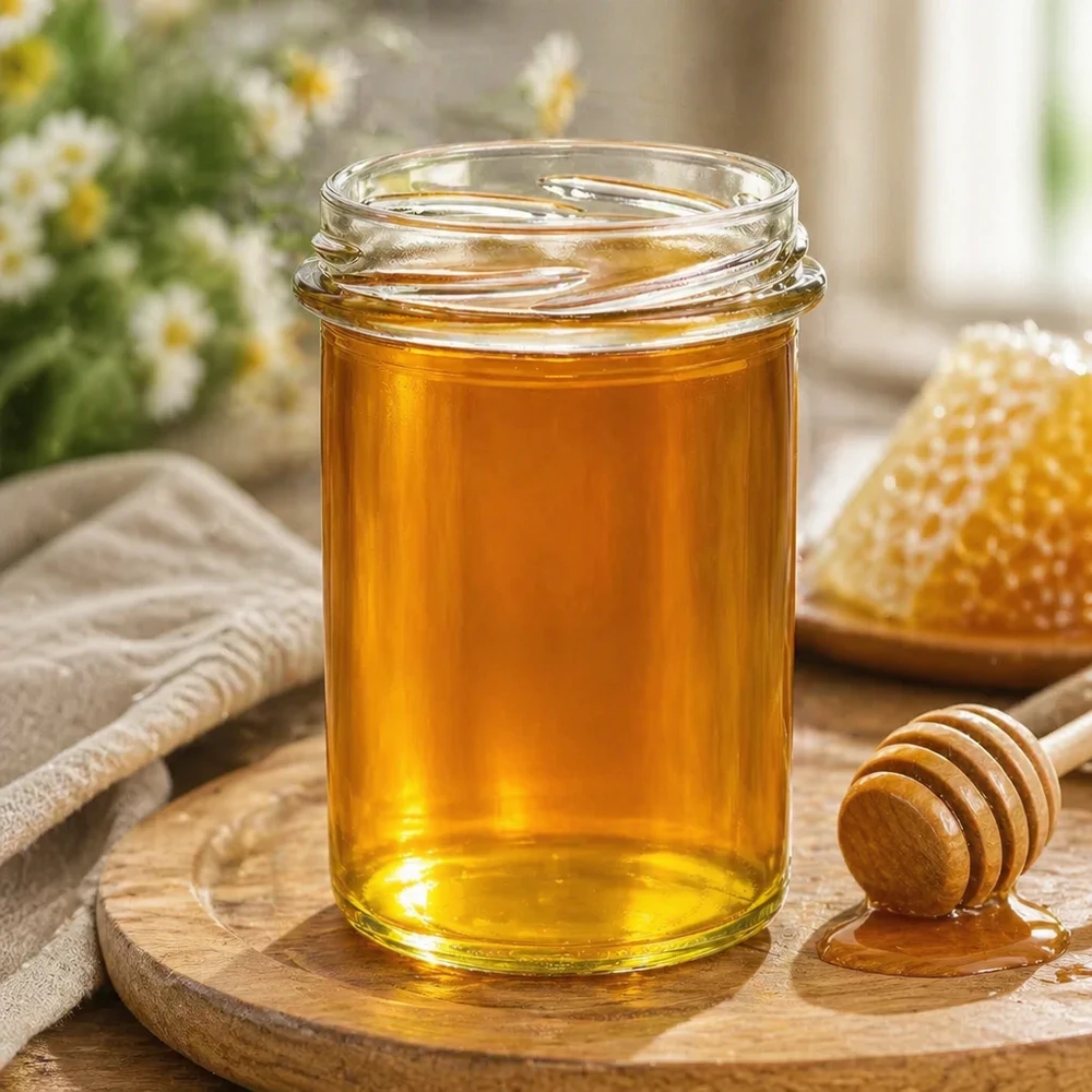 Tumbler 230ml bez víčka (TO66) UNiTWIST UNiTWIST Sturz230 Honigglas 230ml TO66 mit goldenem Honig gefüllt neben Honigwabe und Honiglöffel