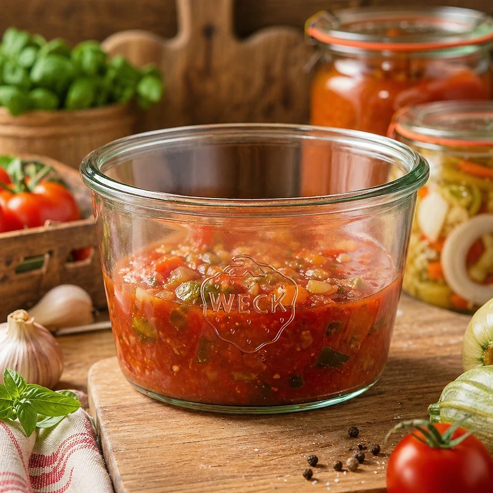 370ml tumble nádoba WECK RR100 s dřevěným dřevem - dřevěná nádoba s dřevem. WECK Sturzglas 370ml RR100 mit Tomatensauce gefüllt auf Holztisch neben frischen Tomaten und Kräutern