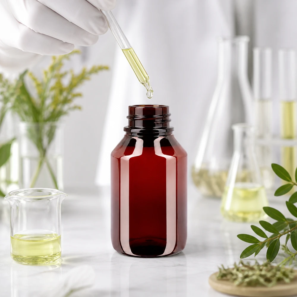 PET láhev 50ml se standardním bílým uzávěrem s ochranou proti manipulaci. Malá PET láhev o objemu 50 ml, jantarové barvy, s bílým šroubovacím uzávěrem pro éterické oleje