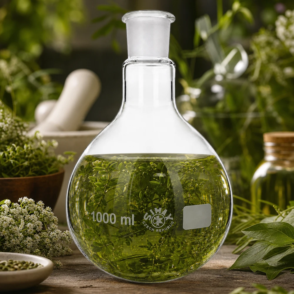 Chemiekolben 1000ml mit botanischem Auszug und standardisiertem Glasschliff für Forschungszwecke