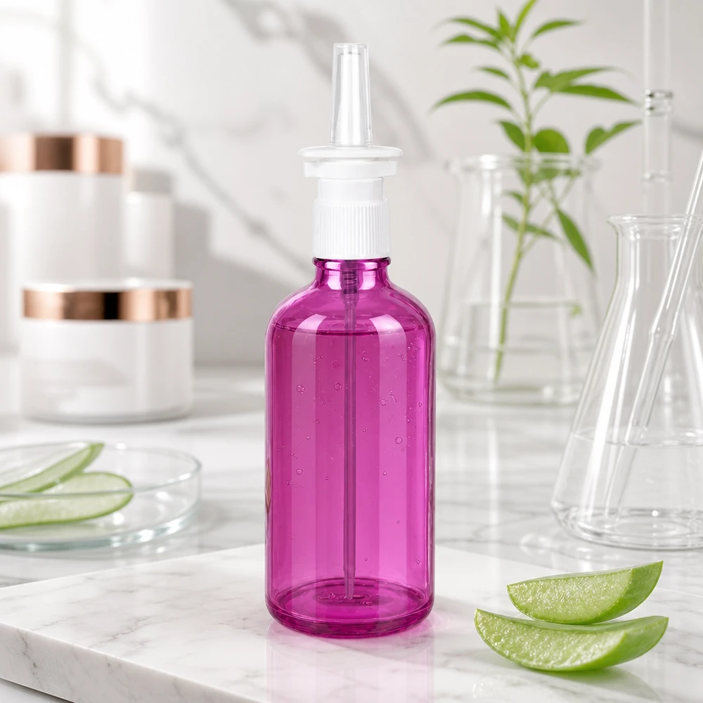 100ml lahvička s nosním rozprašovačem bílá/transparentní standardní PurpleLine UT18/100 Moderne purpurfarbene 100ml Flasche mit weißem Sprühmechanismus für therapeutische Zwecke