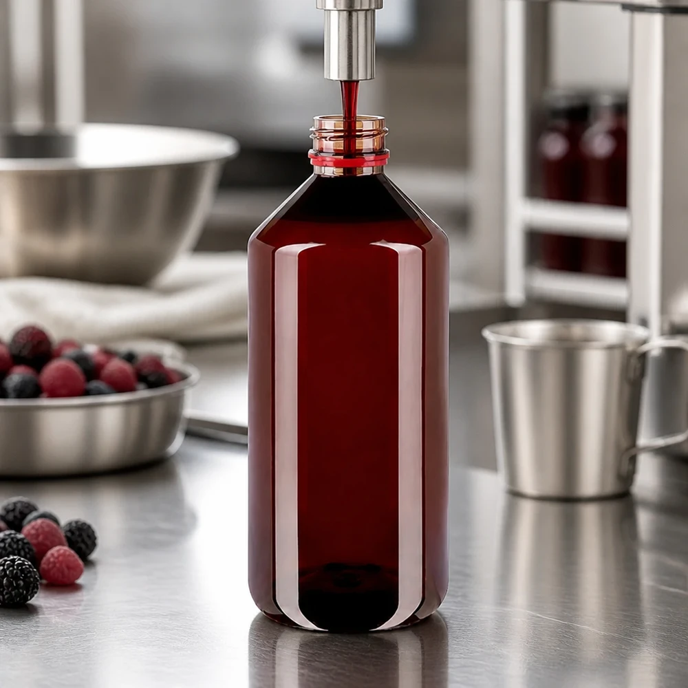 PET láhev 1000ml s bílým/červeným uzávěrem s ochranou proti manipulaci. Hnědá PET láhev o objemu 1000 ml se strojově plní červeným ovocným džusem. Plnicí linka z nerezové oceli