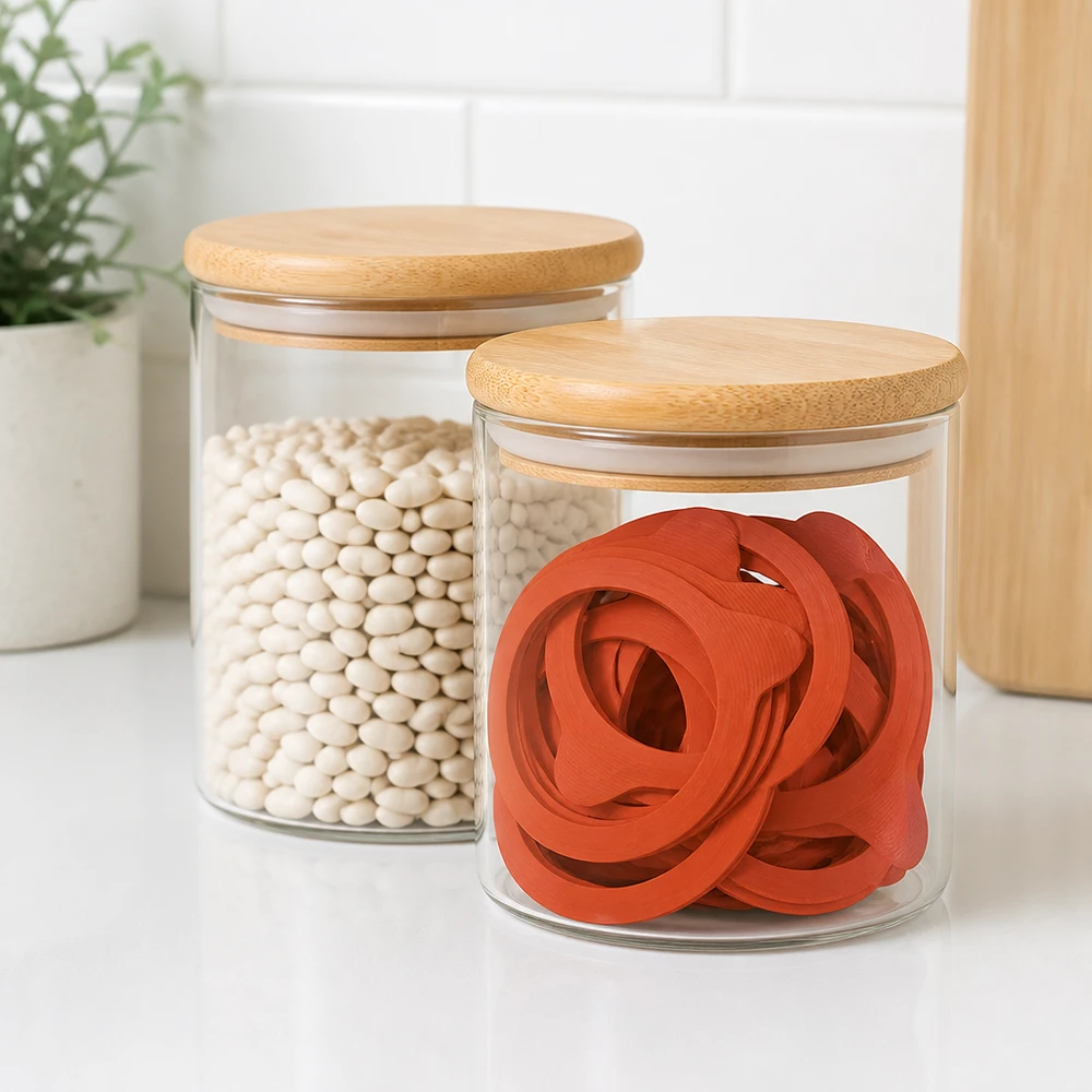 Konzervační kroužek z přírodního kaučuku RR100 Rote Einkochringe RR100 aus Naturgummi in Vorratsglas mit Bambusdeckel neben weißen Bohnen in moderner Küche