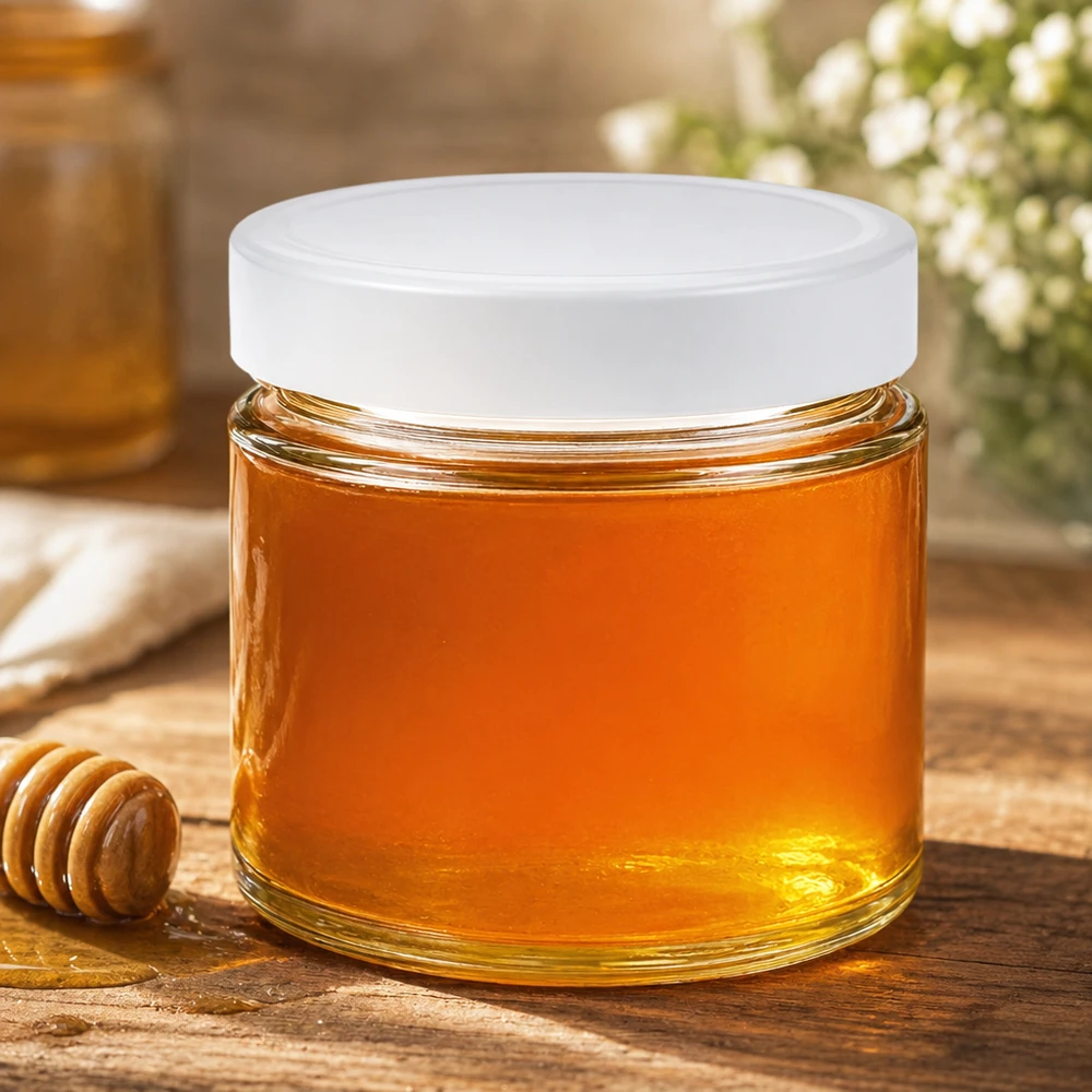 135ml kulatá sklenice + víčko BasicSeal bílé hluboké UNiTWIST 135ml Rundglas mit Honig befüllt weißer BasicSeal Deckel Honigglas Marmeladenglas Einmachglas Vorratsglas