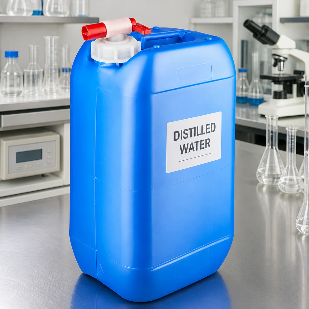 HDPE Kanister 15 Liter blau mit weißem Deckel und rotem Hahn für Destillat