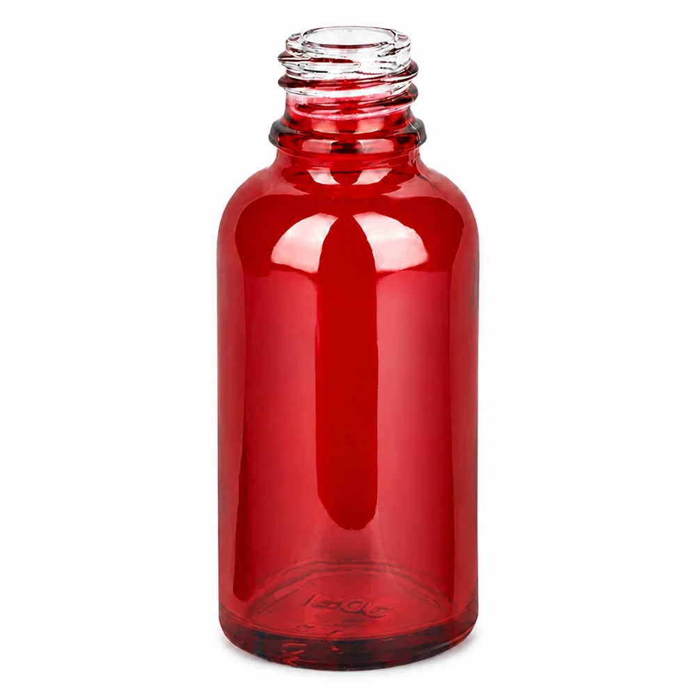 30ml lékárenská lahvička RedLine UT18/30 UNiTWIST. RedLine UT18/30 UNiTWIST 30ml Glasflasche mit transparentem roten Körper und Schraubgewinde