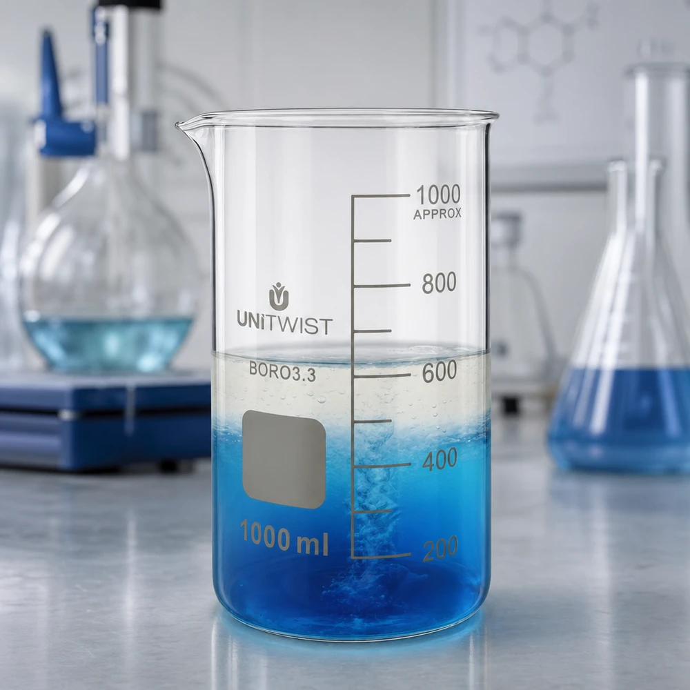 Kádinka 1000 ml borosilikátová, vysoká forma UNiTWIST Becherglas hohe Form 1000ml UNITWIST Borosilikat mit reaktiver blauer Chemikalie gefüllt