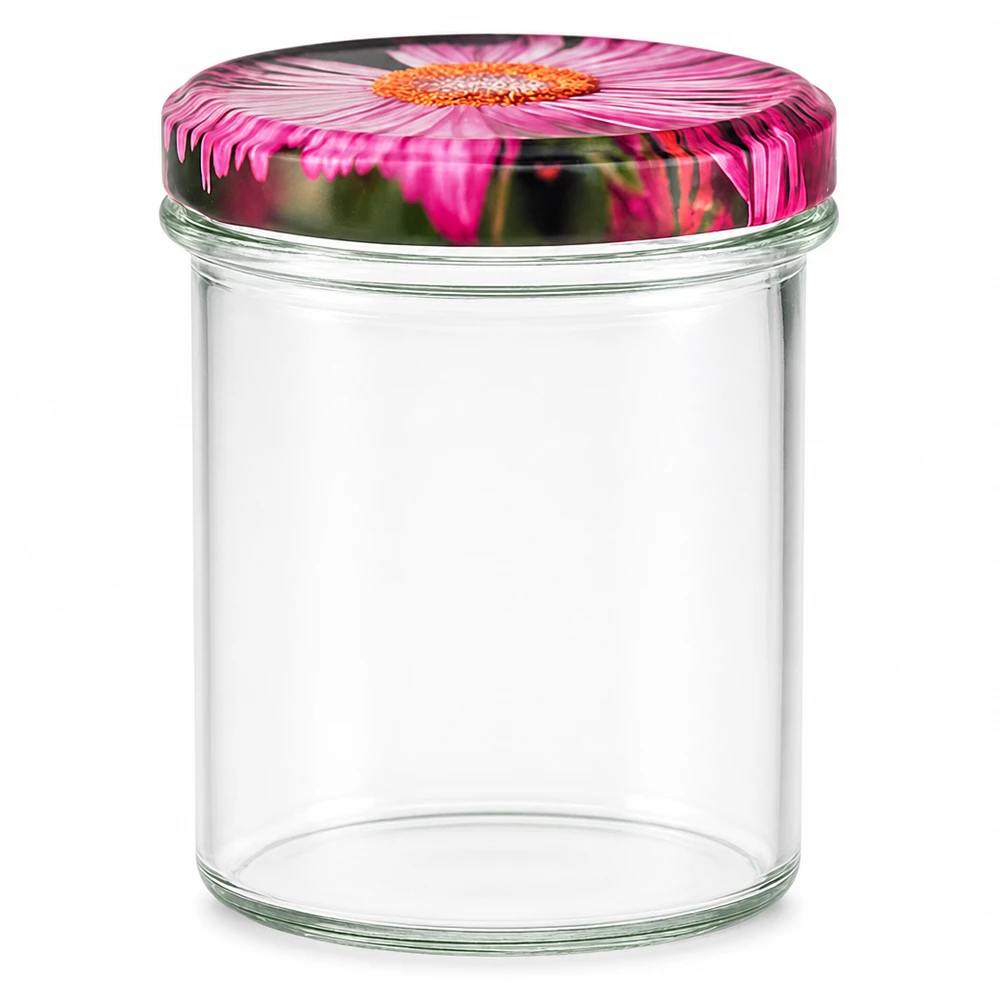 350ml kelímky + víčko BasicSeal s květinovým dekorem UNiTwist 350ml Sturzglas mit BasicSeal Deckel in Blüten-Dekor pink Gerbera Einmachglas Vorratsglas transparent