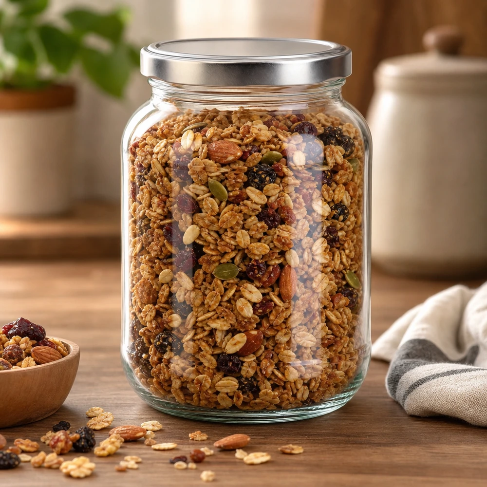 370ml oválná skleněná nádoba s víčkem BasicSeal stříbrná UNiTWIST. 370ml Ovalglas mit silbernem Schraubdeckel gefüllt mit Müsli und Nüssen als Vorratsbehälter in der Küche
