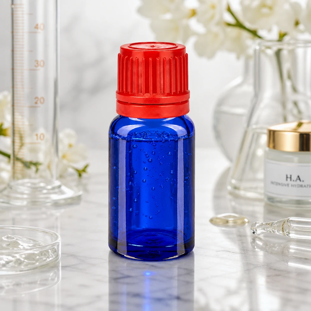 Elegante 10ml Designerflasche in Kobaltblau mit mattem roten Verschluss für Premium-Produkte