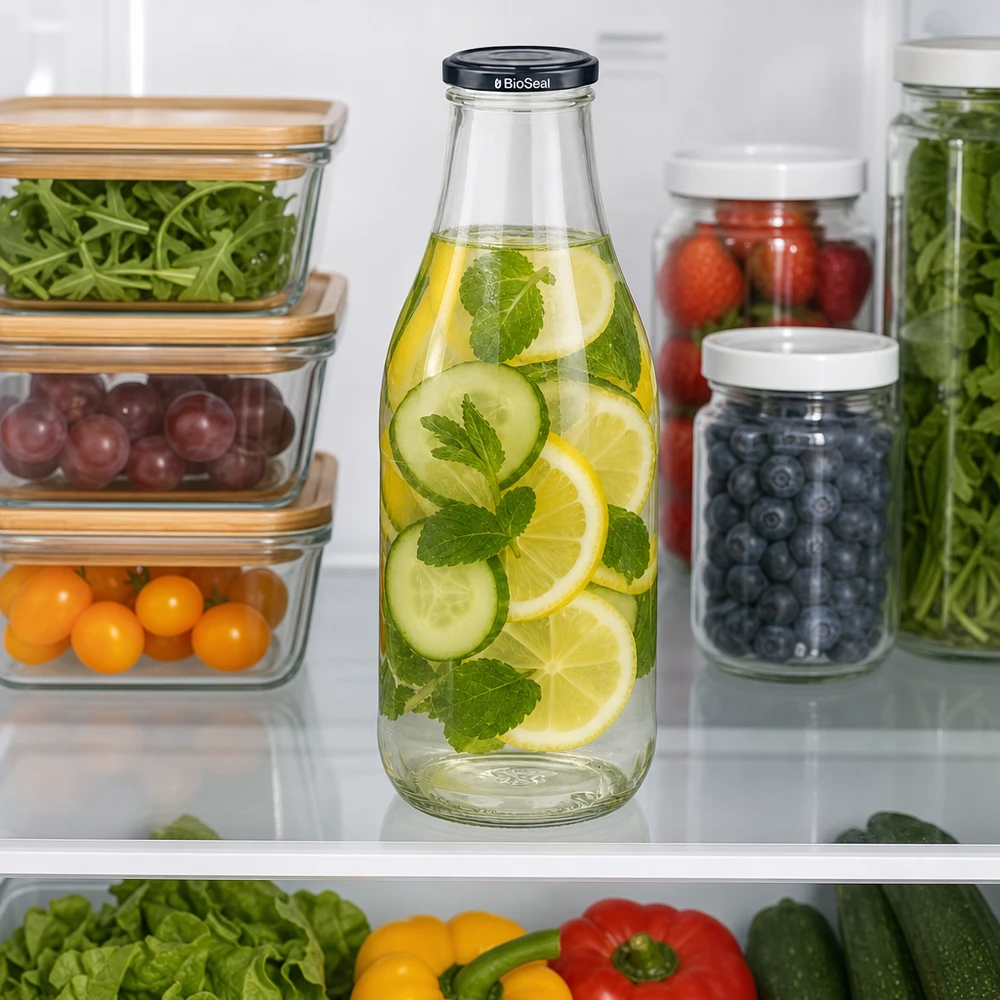 1000ml skleněná láhev + víčko BioSeal černé UNiTWIST 1000ml Glasflasche mit Gurkenwasser im Kühlschrank neben Meal Prep Behältern Beeren Gemüse nachhaltige Aufbewahrung