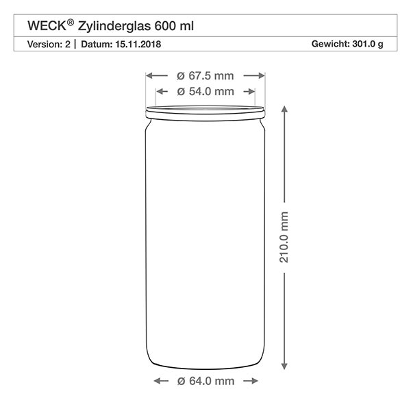 700ml lahůdková sklenice se skleněným víčkem WECK RR80 Technische Zeichnung WECK 600ml Zylinderglas RR60 mit Maßangaben Durchmesser Höhe für perfekte Küchenplanung