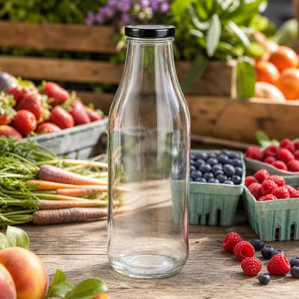 1000ml skleněná láhev + víčko BasicSeal černé UNiTWIST 1000ml Glasflasche leer auf rustikalem Holztisch umgeben von frischen Beeren Obst und Gemüse im Freien