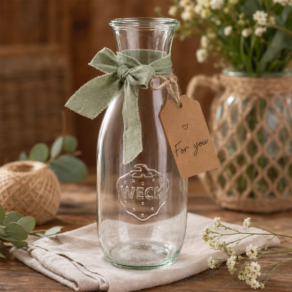 WECK Saftflasche 1062ml RR60 dekorativ mit grüner Schleife und Geschenkanhänger For you zwischen Blumen