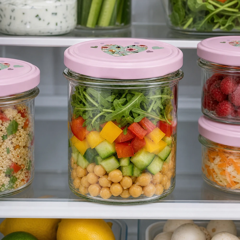 350ml kelímky + víčko BasicSeal srdíčková růžová UNiTWIST 350ml Sturzglas rosa Herzdeckel Kühlschrank Meal Prep Salat Chickpeas Gemüse Vorratshaltung frische Lebensmittel